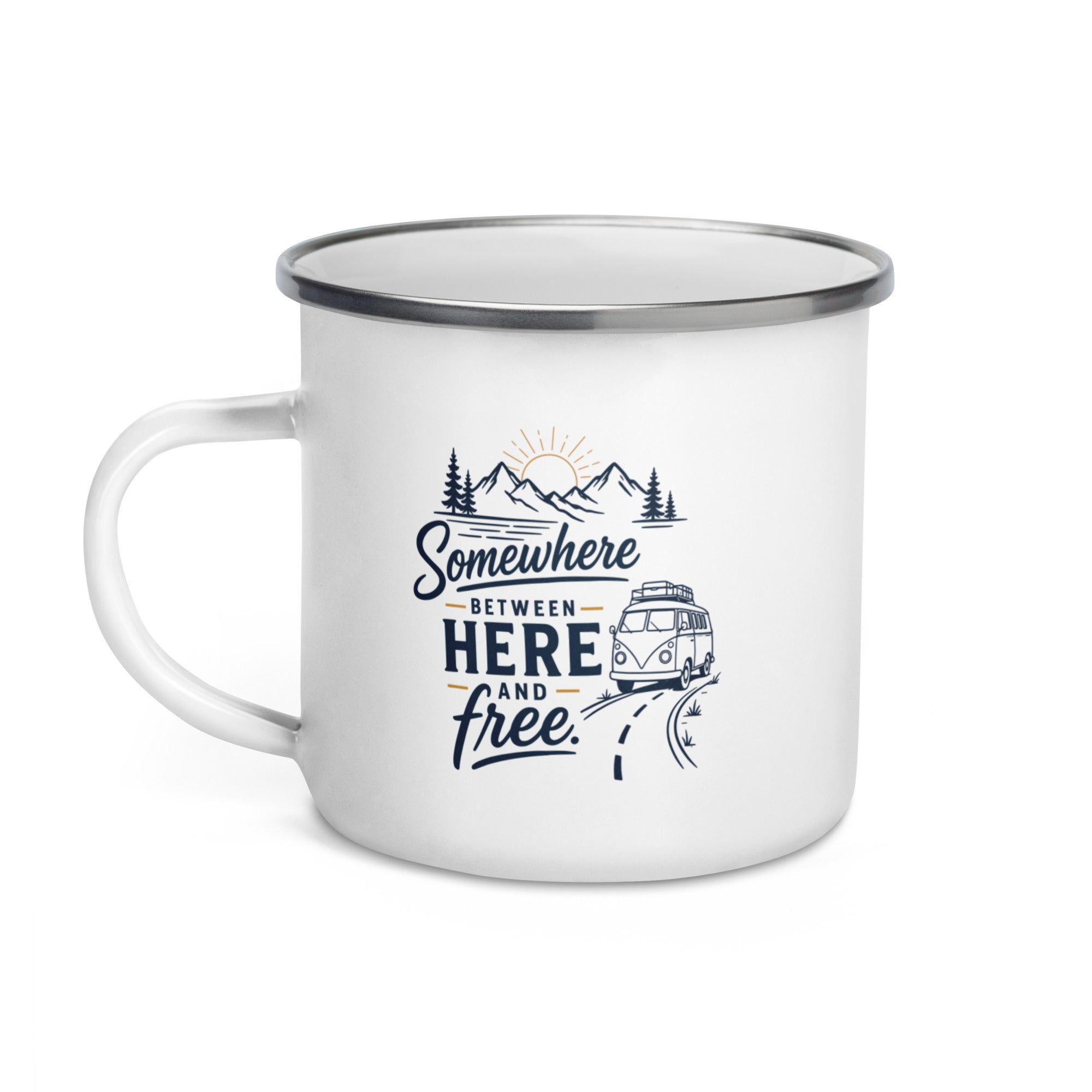 THE OVRTLND Emaille-Tasse – Somewhere Between Here and Free